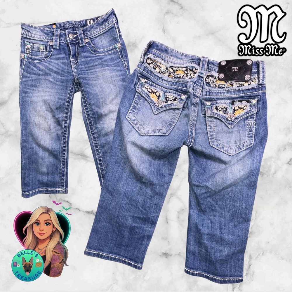 Miss Me‎ Jeans Girls 8 Rhinestone Embellished Floral Embroidered Capri Cropped